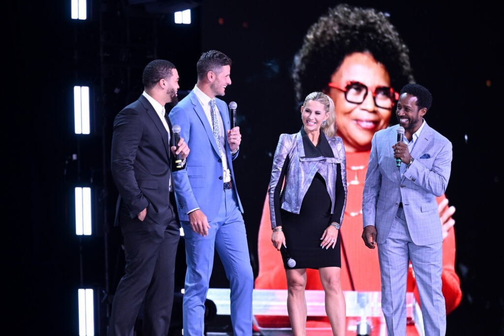 Dan Orlovsky, Laura Rutledge and Desmond Howard are joined by USC Trojans quarterback Caleb Williams at The Walt Disney Company's 2023 Upfront presentation.