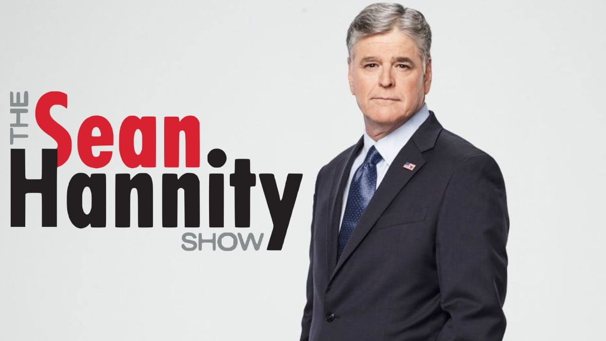 A photo of Sean Hannity and his radio show logo