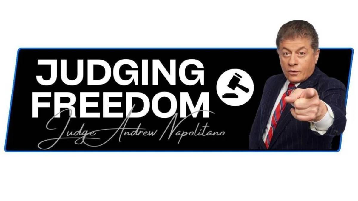 A photo of Judge Andrew Napolitano and his Judging Freedom podcast logo