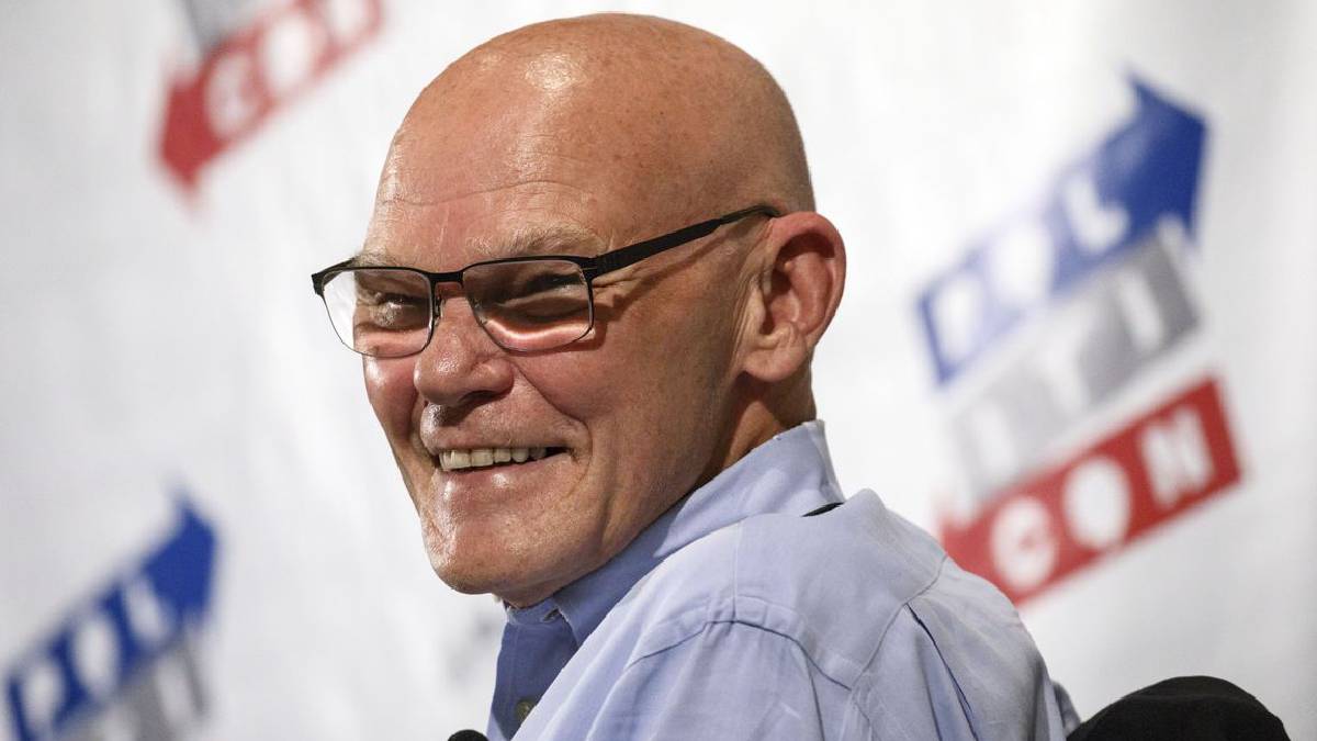 A phot of James Carville in a side profile.