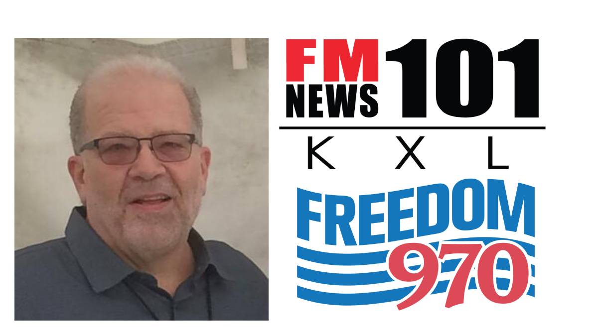 A photo of Keith Abrams joined by the KXL and Freedom 970 logos