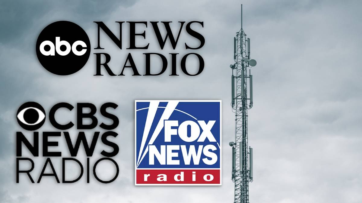 A photo of a radio tower with the ABC News Radio, CBS News Radio, and FOX News Radio logos