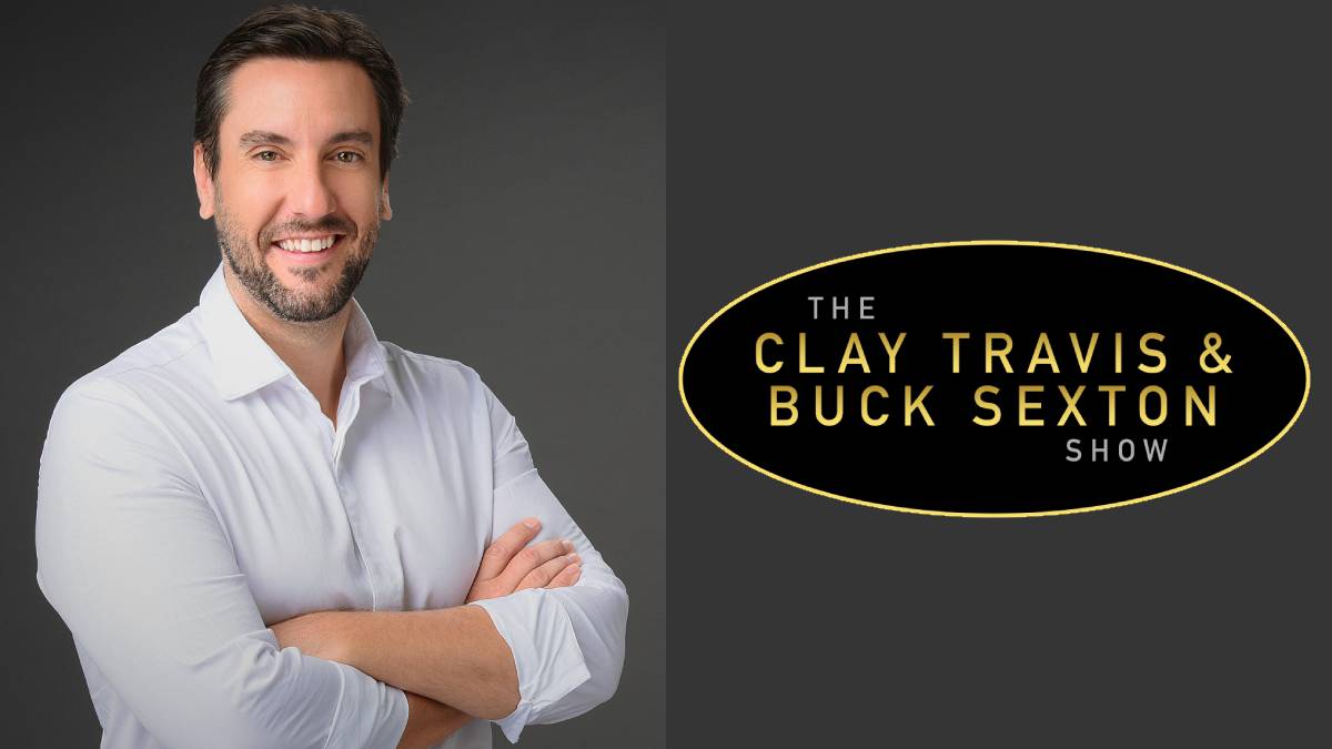 A photo of Clay Travis and The Clay Travis & Buck Sexton Show logo