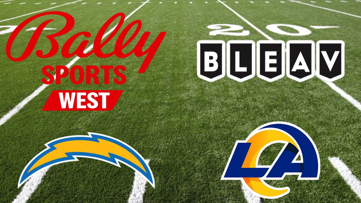 Logos for Bally Sports West, the Chargers, Rams and Bleav