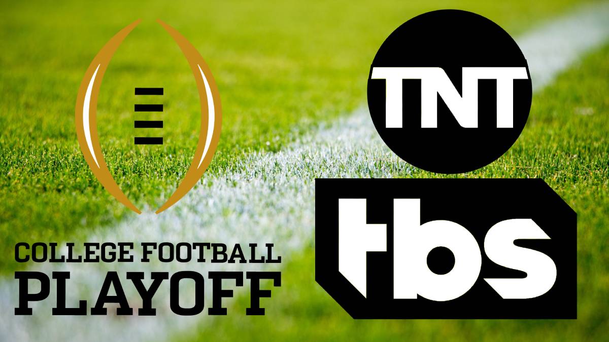 A photo of the TNT and TBS logos with the College Football Playoff