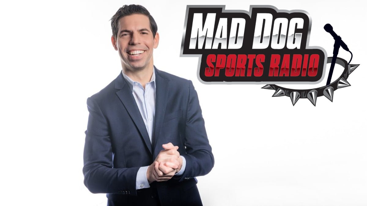 A photo of Damon Amendolara and the Mad Dog Sports Radio logo