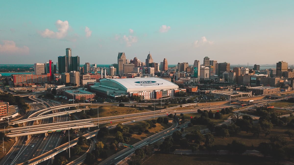 A photo of Ford Field in the Detroit skyline