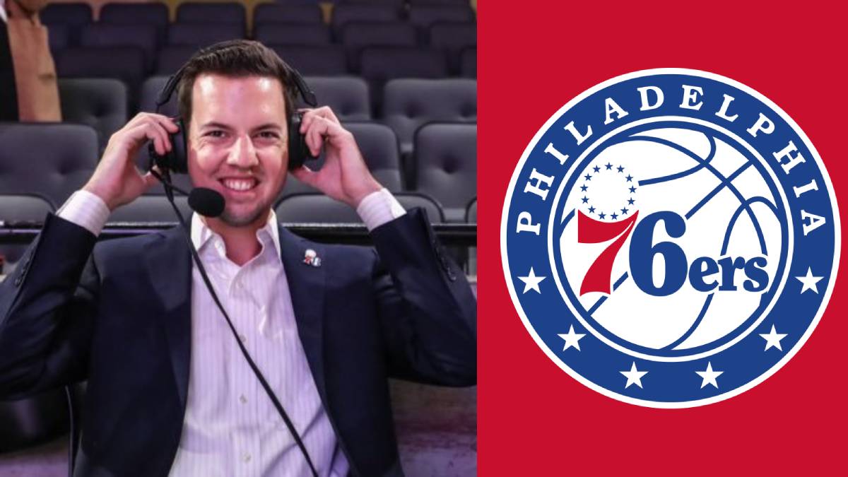 A photo of Matt Murphy and the 76ers logo