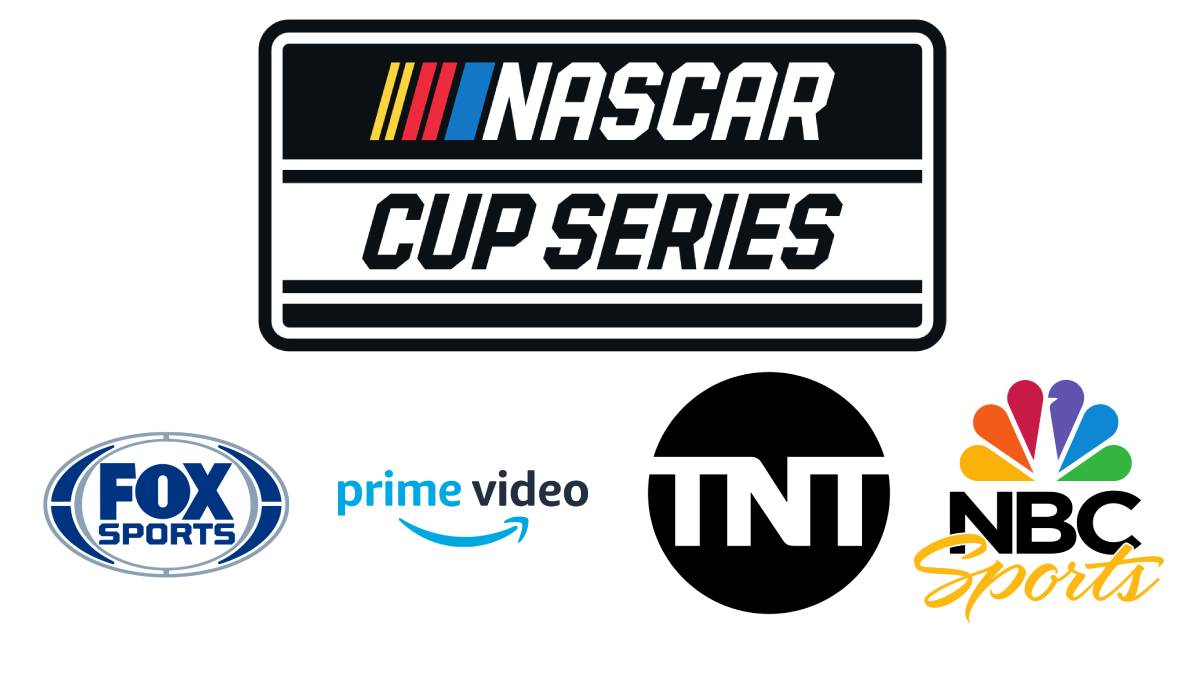 A photo of the NASCAR Cup Series, FOX, Prime Video, TNT, and NBC Sports logos