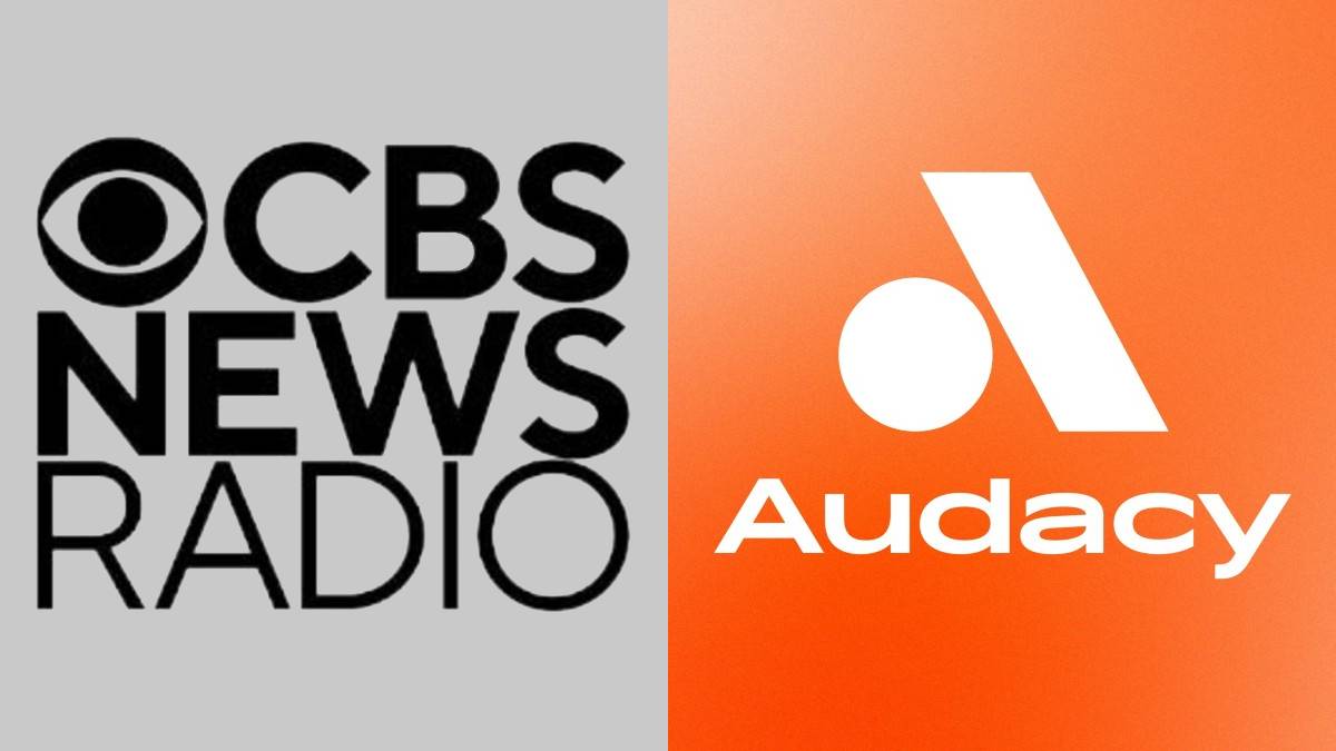 A photo of the CBS News Radio and Audacy logos