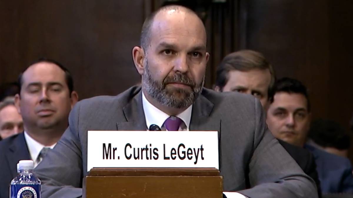 A photo of NAB President and CEO Curtis LeGeyt testifying in front of a Senate committee