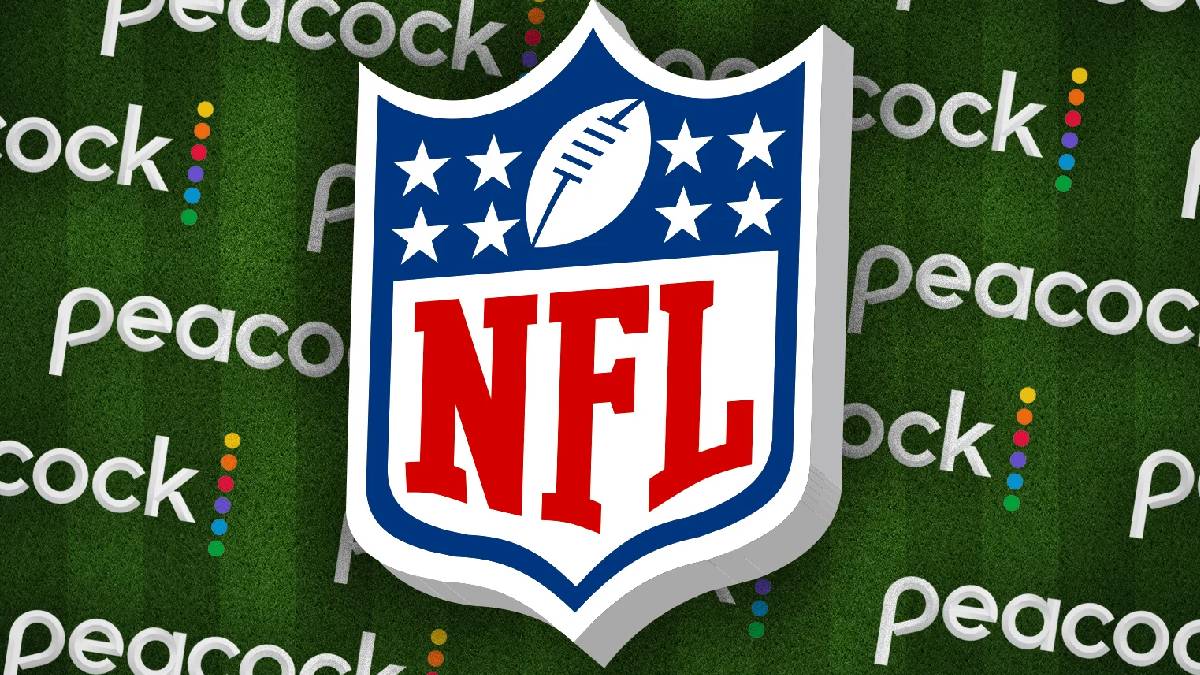 A photo of the NFL logo and the Peacock logo