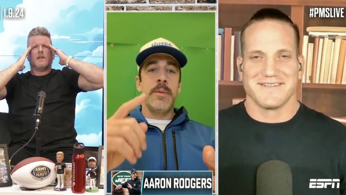 A screenshot of The Pat McAfee Show hosting Aaron Rodgers