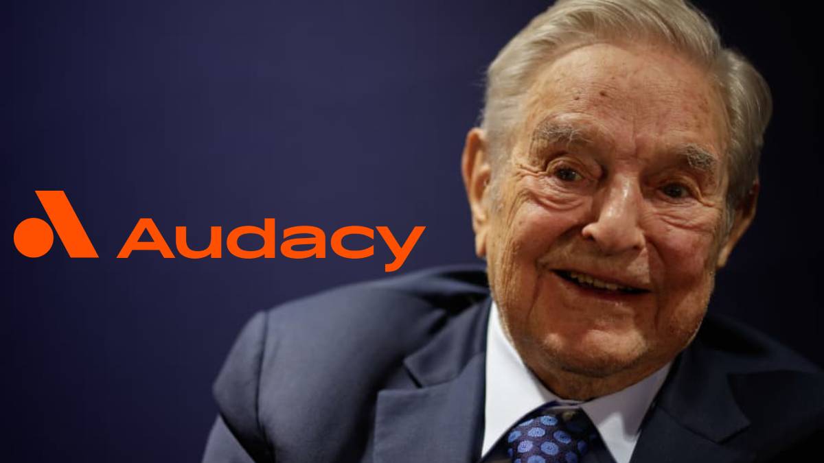 A photo of George Soros and the Audacy logo