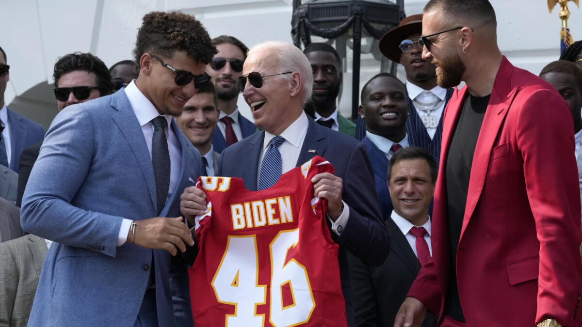 President Joe Biden with Kansas City Chiefs players Patrick Mahomes and Travis Kelce