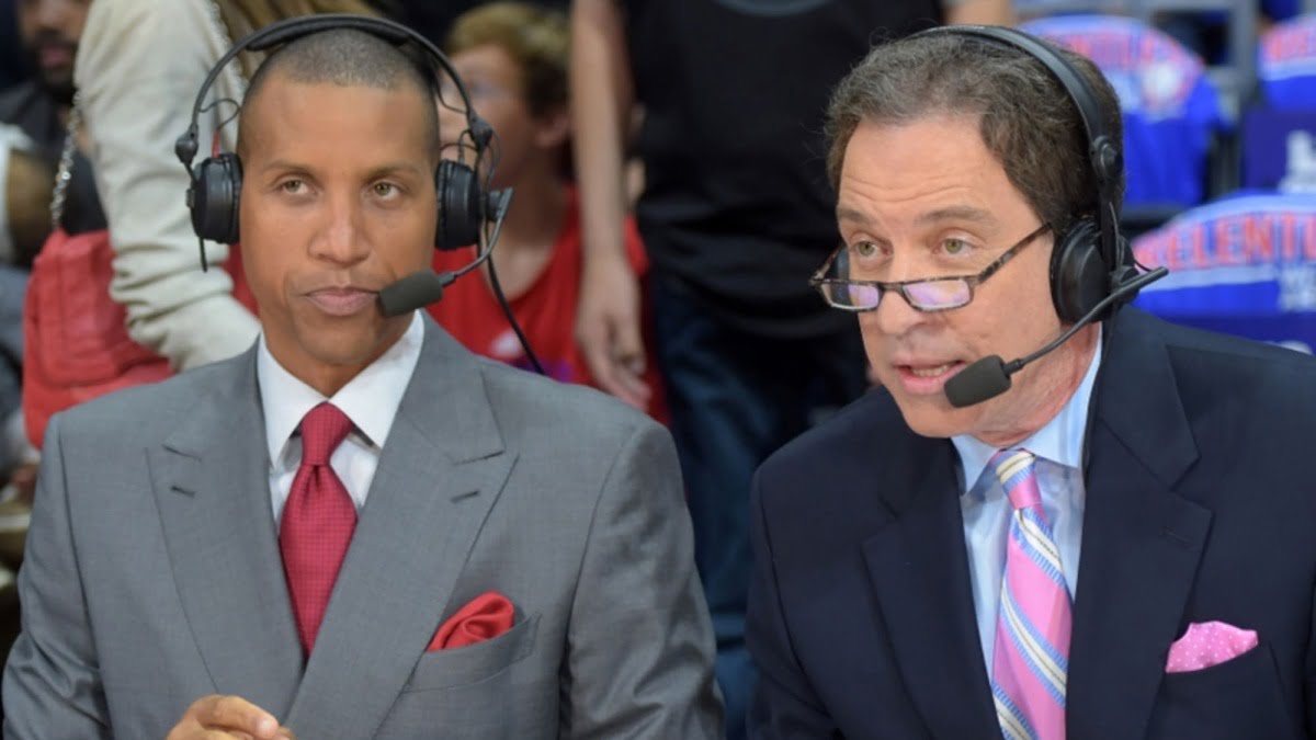 TNT commentators Reggie Miller and Kevin Harlan calling an NBA game together