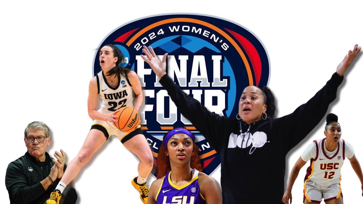 2024 womens ncaa tournament logo with star players and coaches