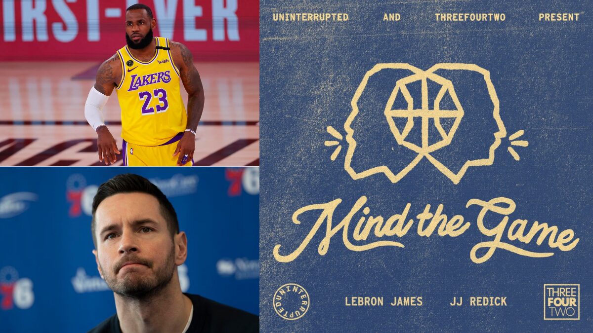 Photos of LeBron James and JJ Redick along with the logo for their new podcast