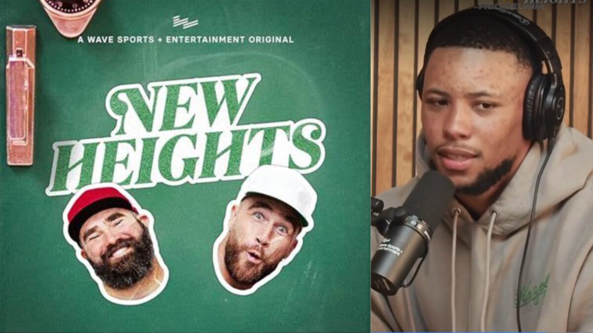 Logo for the New Heights podcast and a photo of Saquon Barkley