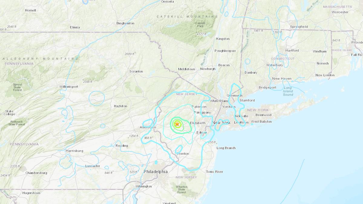 A photo of the seismic map of the earthquake in New Jersey