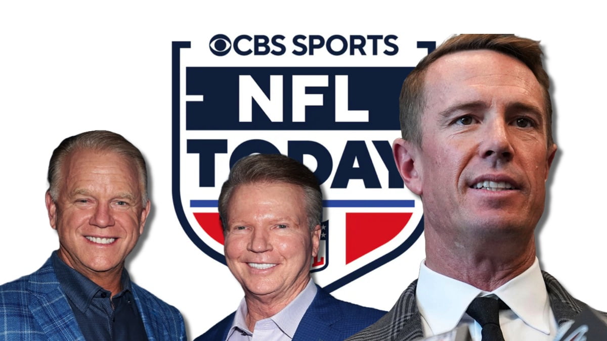 Boomer Esiason, Phil Simms, and Matt Ryan in front of NFL Today logo