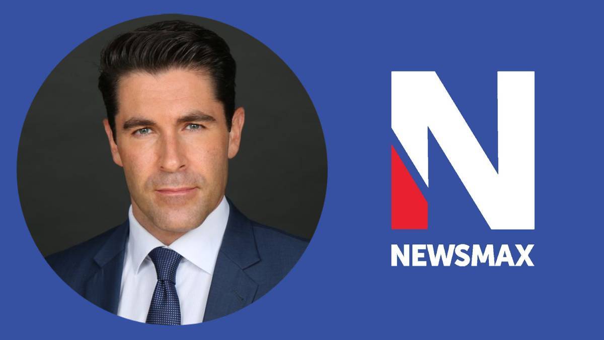 A photo of Rob Schmitt and the Newsmax logo