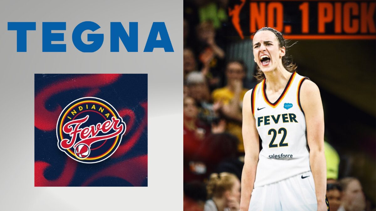 Logos for Tegna and the Indiana Fever and a picture of Caitlin Clark