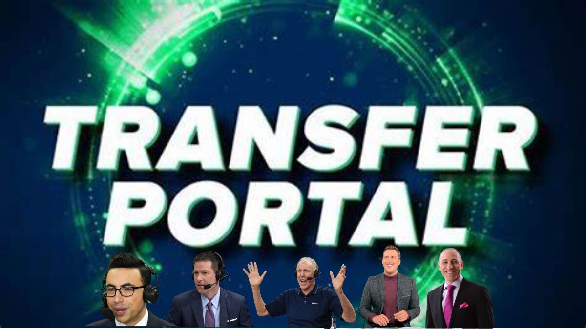 Graphic for the NCAA transfer portal and pictures of different sports broadcasters