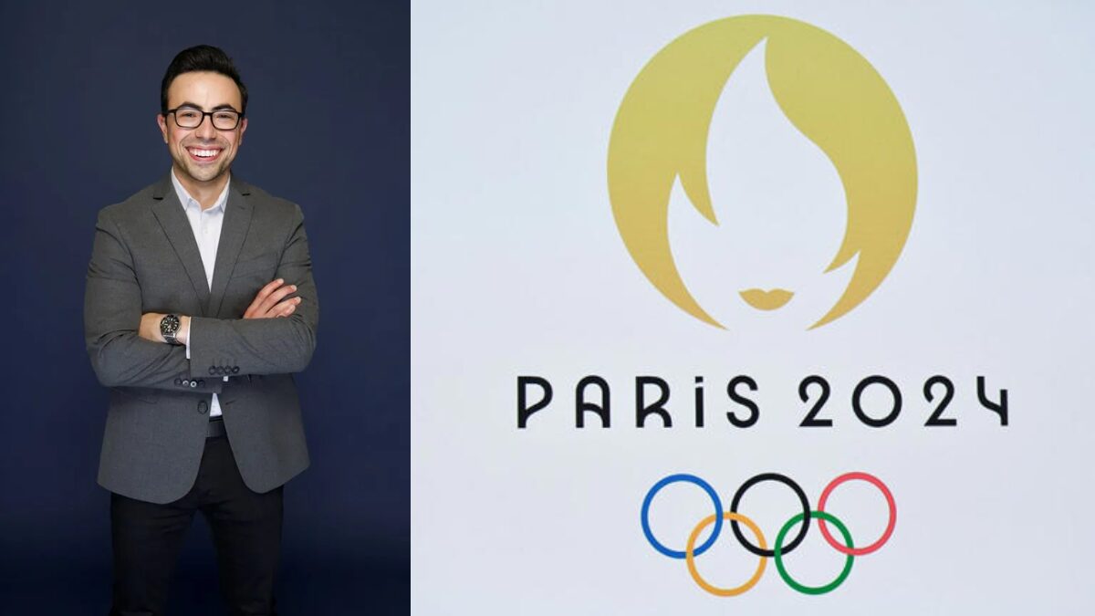 Logo for the Paris Olympics and a picture of Noah Eagle