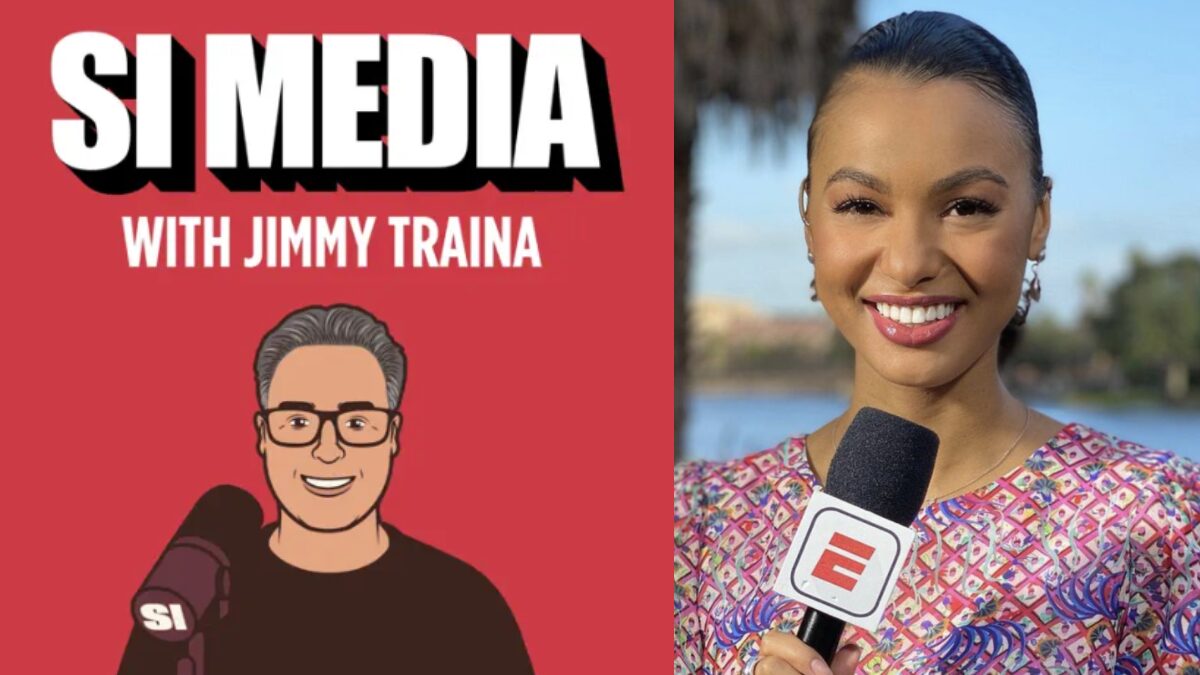 Graphic of the SI Media with Jimmy Traina Podcast and picture of Malika Andrews