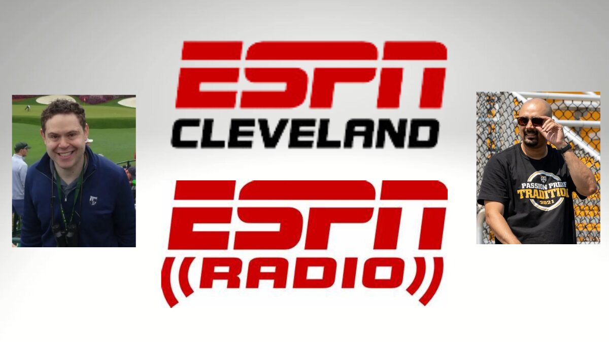 Logos of ESPN Cleveland and ESPN Radio along with pictures of hosts Aaron Goldhammer and Emmett Golden