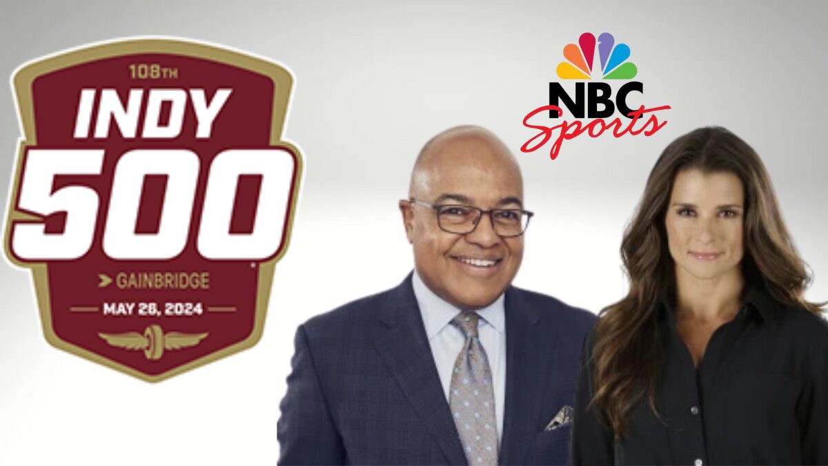 Logos for Indy 500, NBC Sports and photos of Mike Tirico and Danica Patrick