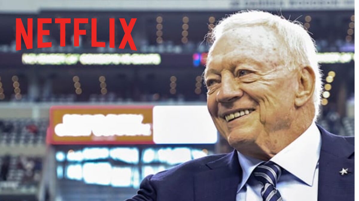 A photo of Jerry Jones and a logo for Netflix