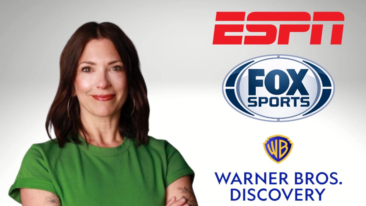 Photo of Jessica Casano-Antonellis and logos of ESPN, Fox Sports and WBD