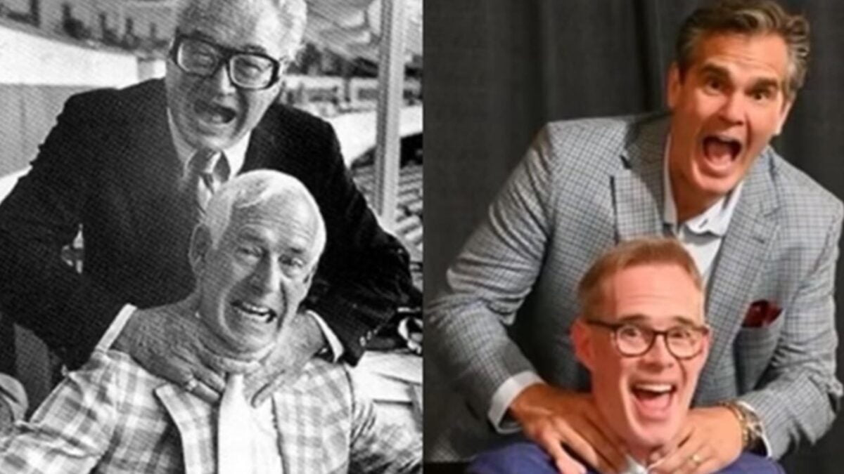 Photo of Jack Buck with Harry Caray and a photo of Joe Buck with Chip Caray