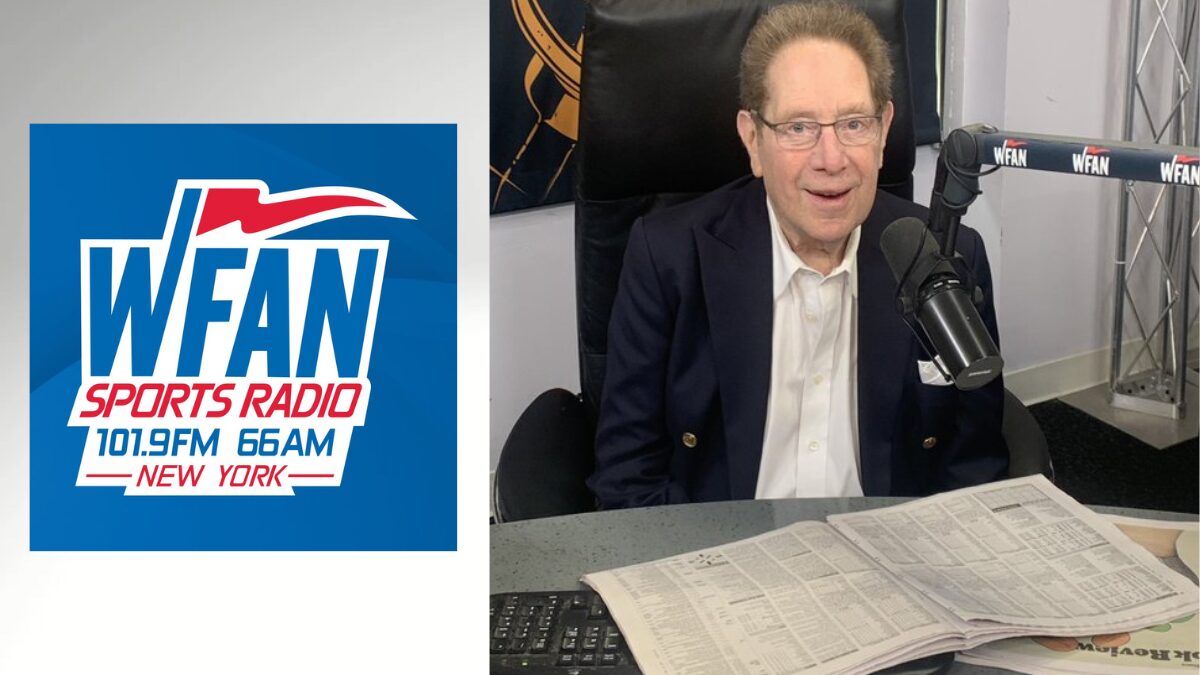 Photo of John Sterling and a logo for WFAN