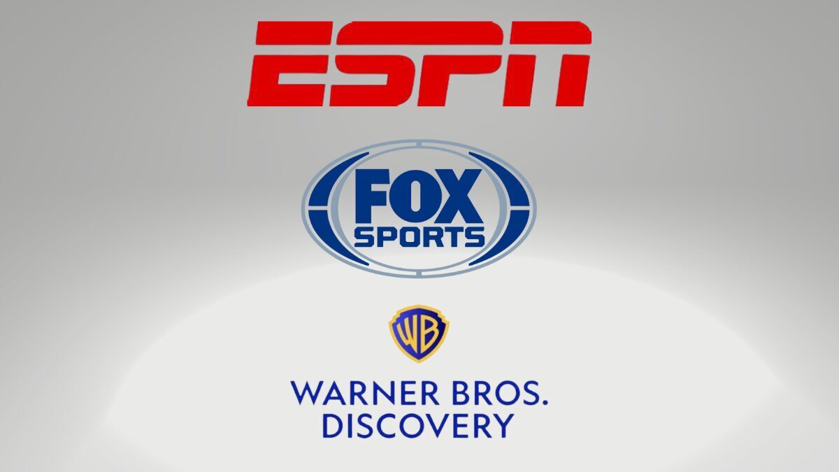 Logos for ESPN, Fox Sports and Warner Bros. Discovery