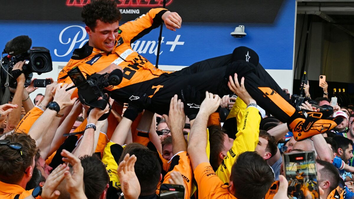 Photo of Lando Norris celebrating his F1 win at the Miami Grand Prix