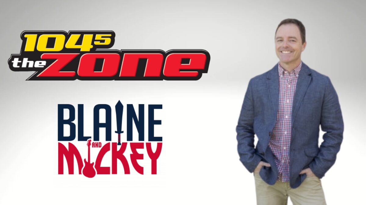 Logos for 104.5 The Zone and the Blaine & Mickey Show along with a picture of Mickey Ryan