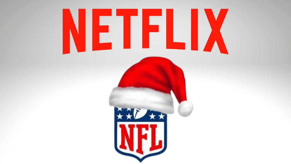 Graphic of the NFL logo with a Santa Claus hat and a logo for Netflix