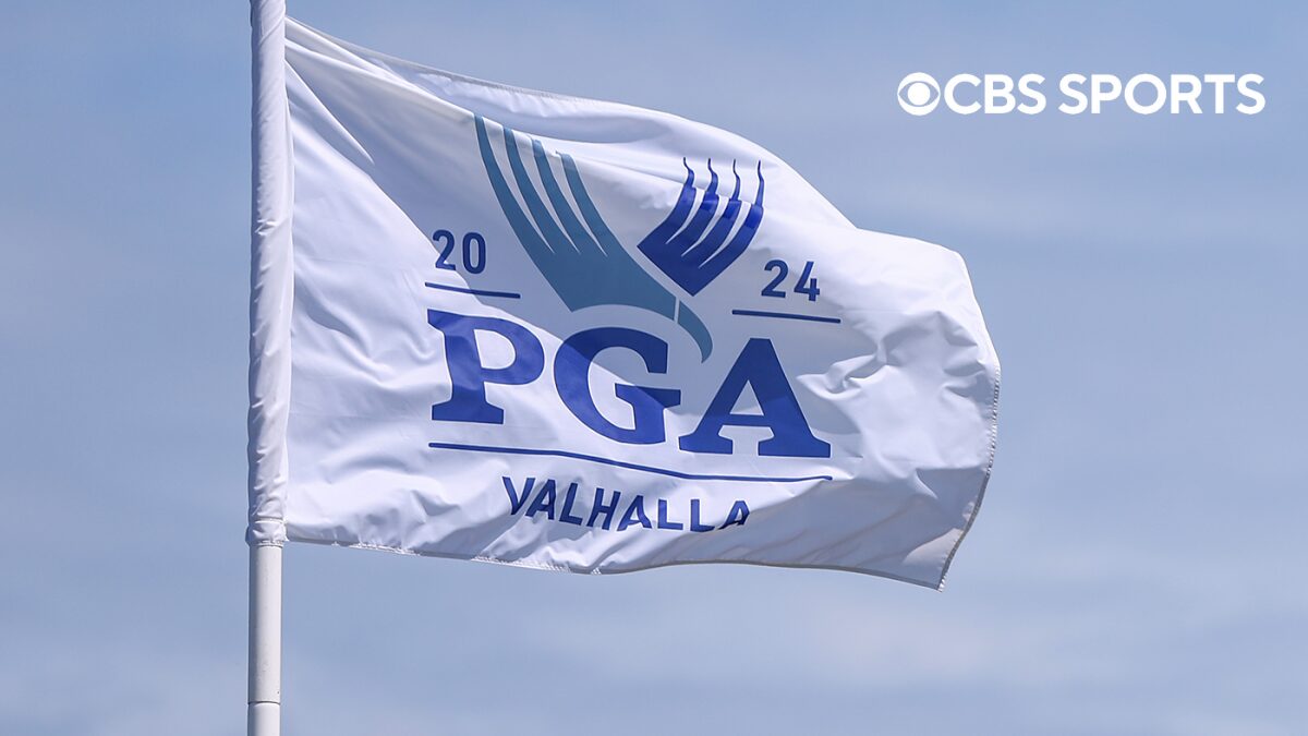 Phot of a flag with the logo of the 2024 PGA Championship and a CBS Sports logo.