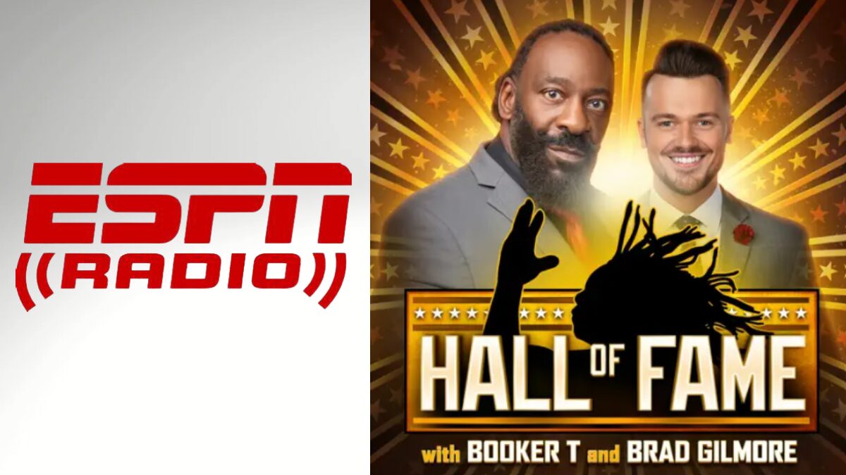 Logo for ESPN Radio and a graphic for the Hall of Fame with Booker T