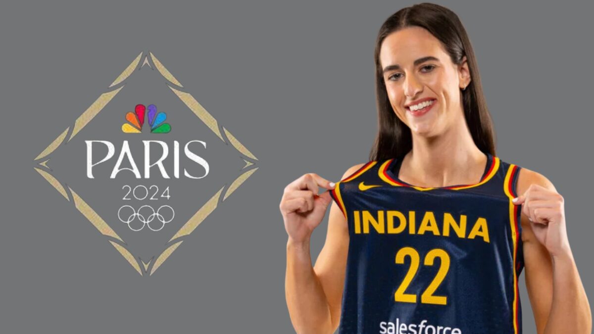 Logo for the Paris Olympics and a photo of Caitlin Clark