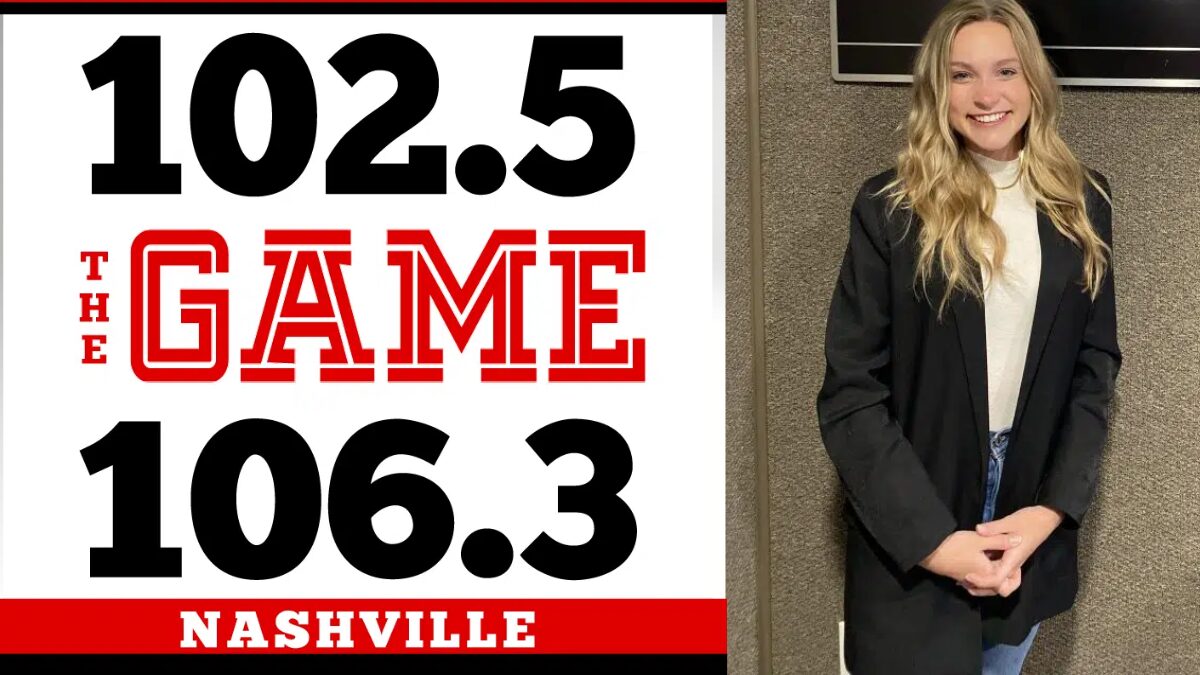 Logo for 102.5 The Game in Nashville and a photo of Caroline Fenton