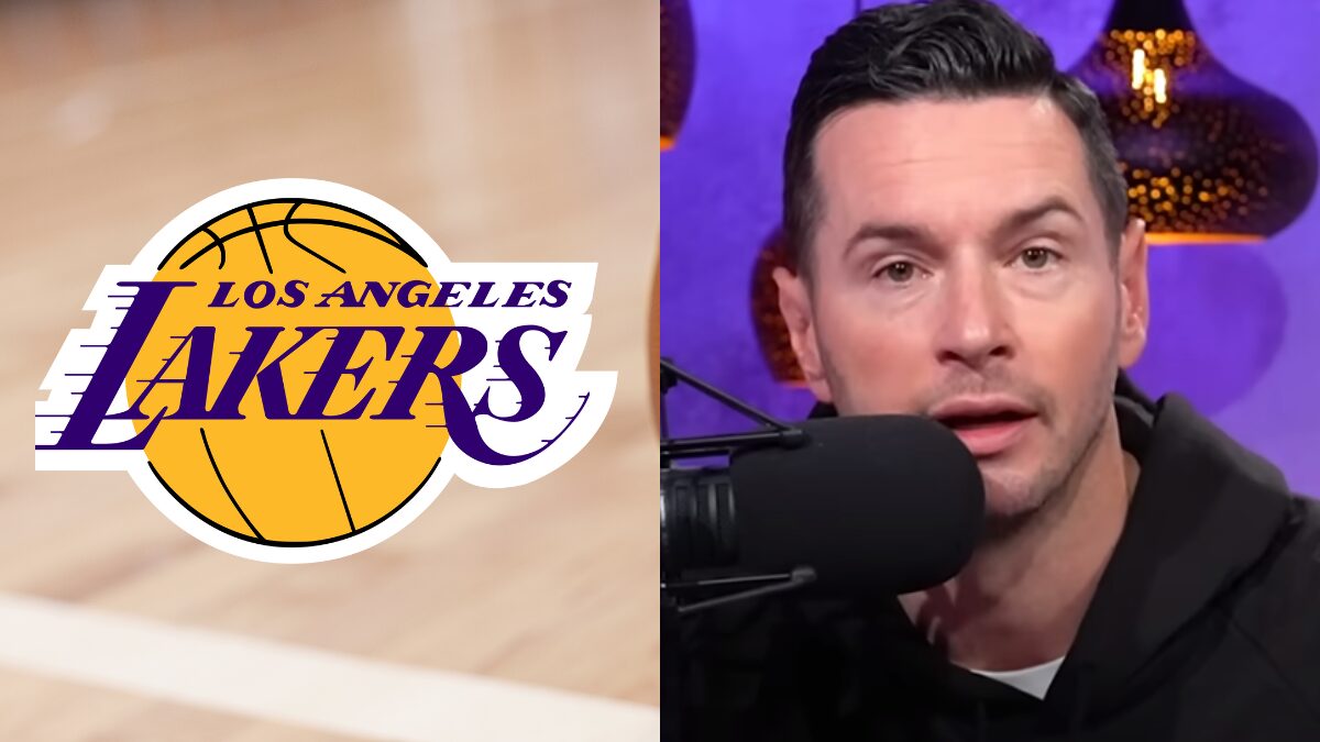 Logo for the LA Lakers and a screengrab of JJ Redick