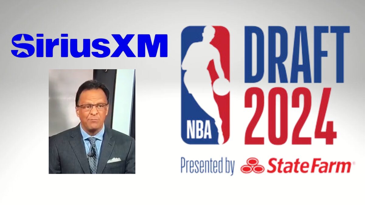 NBA Draft logo, SiriusXM logo and a photo of Tom Crean