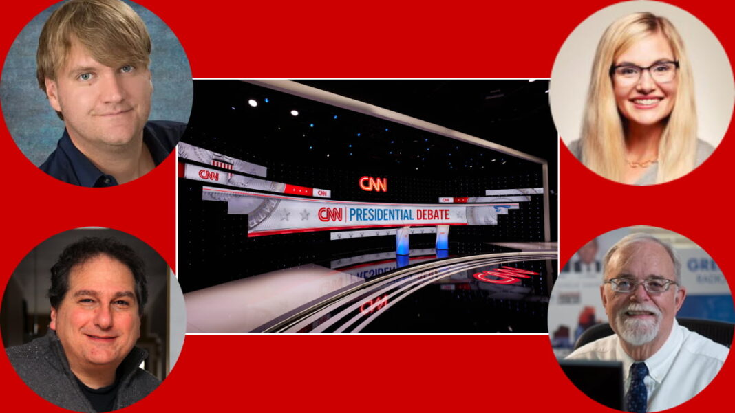 A photo of the CNN debate stage and various news/talk radio PDs