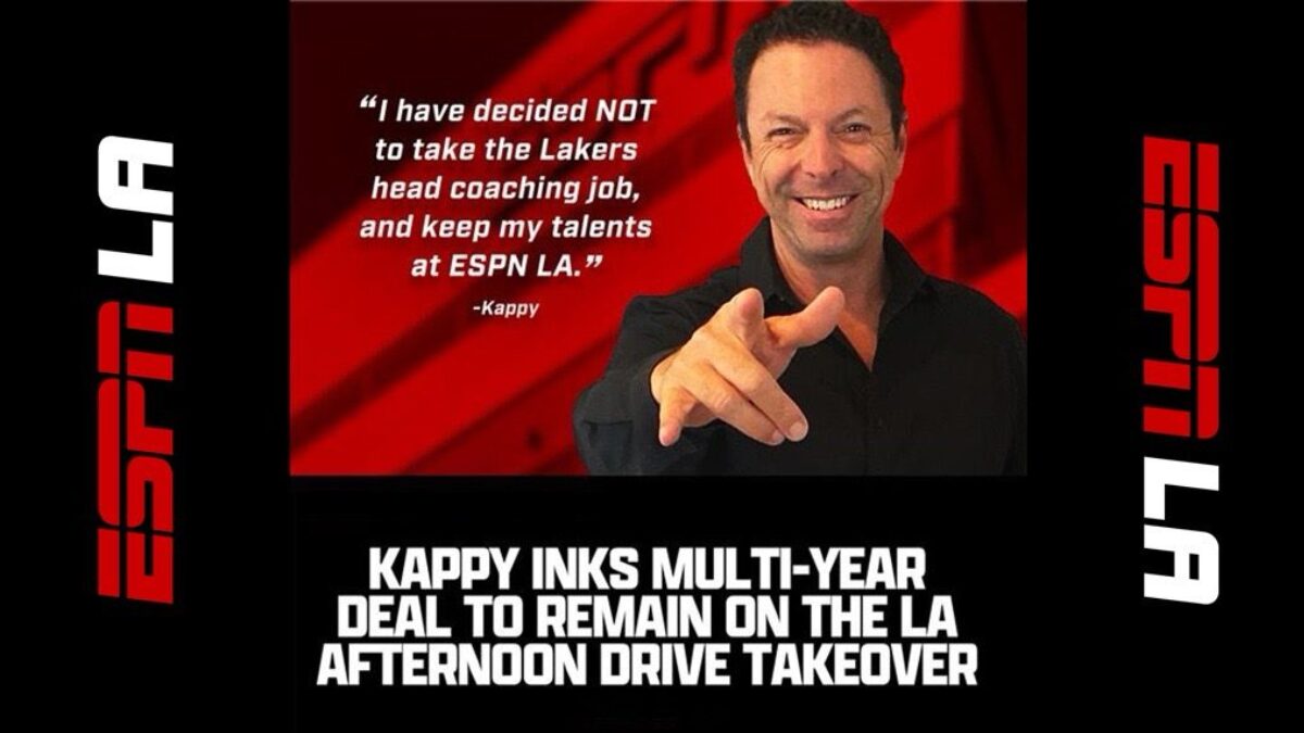 Graphic with the logo for ESPN LA and a photo of host Scott Kaplan making an announcement about his contract extension