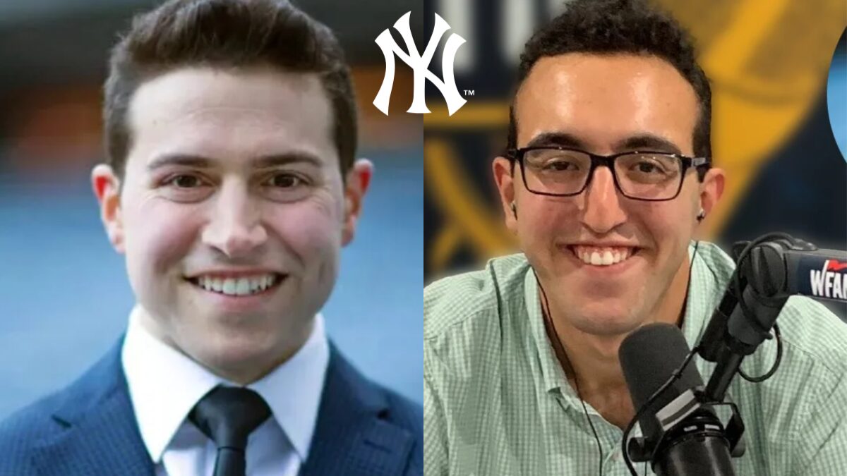 Photos of Justin Shackil and Emmanuel Berbari with a logo of the New York Yankees