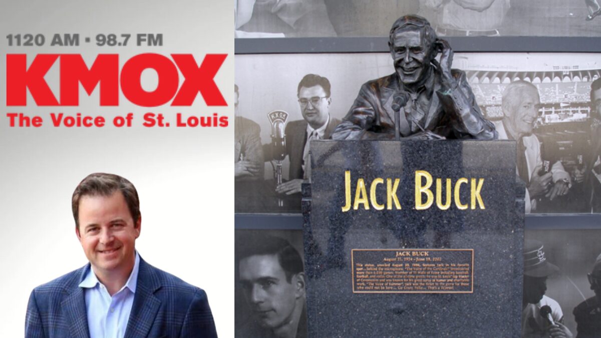 Graphic of the Jack Buck statue outside Busch Stadium and a photo of KMOX Sports Director Tom Ackerman